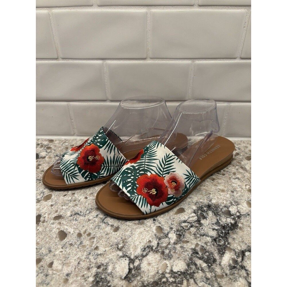 Kenneth Cole Women’s 8.5 Joanne Embroidered Slides Flats Red Palm Print Resort - Picture 2 of 8